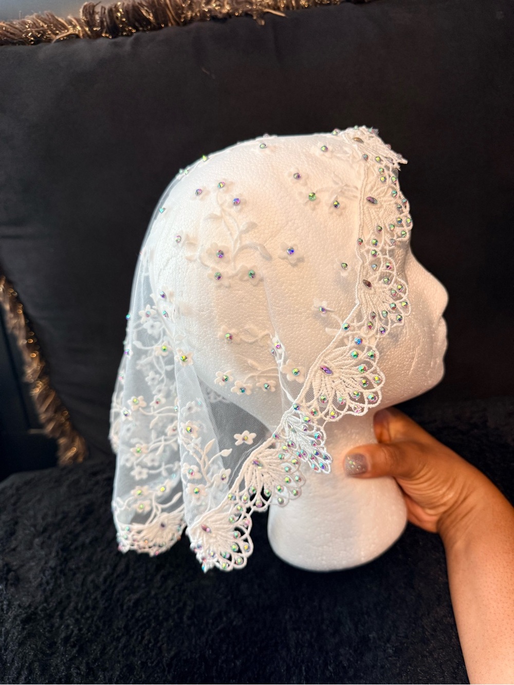 White Embroidered Veil with Iridescent Bead Accents
